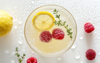 Overhead close-up of a refreshing summer drink. The beverage, a pale yellow, is garnished with lemon, raspberries, and thyme. Water droplets adorn the white background, enhancing the drink's