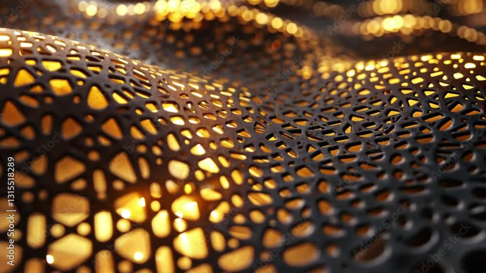 Poster close up view of intricate perforated metal surface with warm glowing light shining through creating