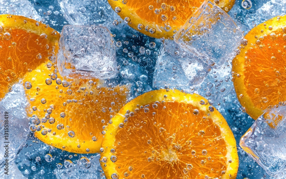 Poster close-up view of vibrant orange slices submerged in sparkling water with ice cubes. bubbles rise aro
