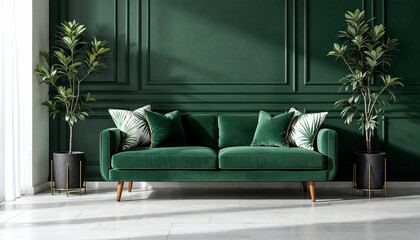 a green modern living room with a green sofa