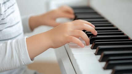 Obraz premium Hands on Keys: A child's hands delicately play the keys of a piano, capturing a moment of musical exploration and creative expression.