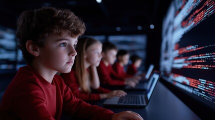 Coding Kids' Innovation: A group of young children, immersed in a futuristic setting, diligently coding on laptops with a large screen displaying complex digital code. Witness their potential.