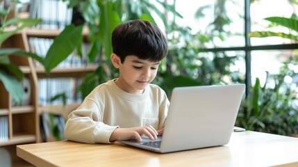 Young Explorer: A focused child, immersed in the world of learning, engages with a laptop amidst the lush greenery, symbolizing a fusion of education and nature.