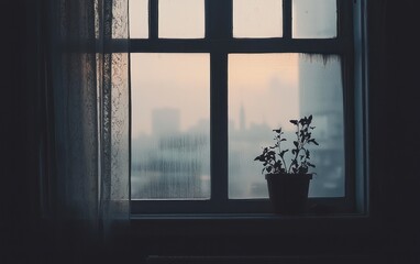Rainy day view from a window, featuring a small potted plant and a blurred cityscape.  Moody atmosphere with soft lighting