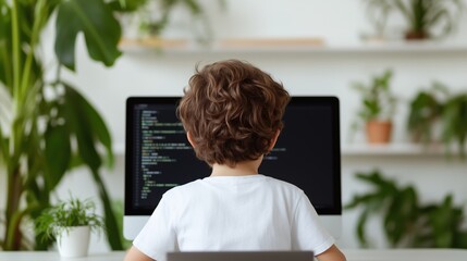 Young Coder at Work: A young child, engrossed in coding on a desktop computer, surrounded by indoor plants, showcases the integration of technology and youthful learning.
