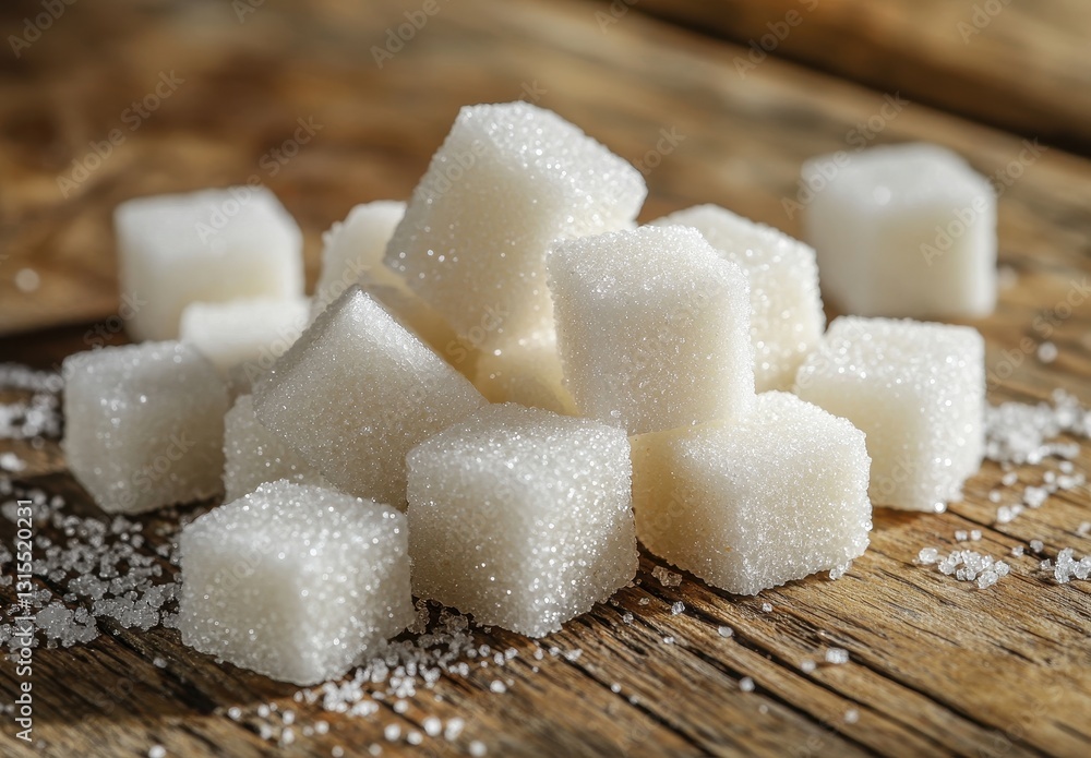 Poster close-up of sugar cubes scattered on a rustic wooden table with granulated sugar showing texture and