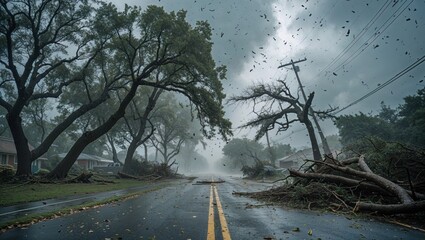 A storm-damaged street with fallen trees and debris, showcasing the aftermath of severe weather.