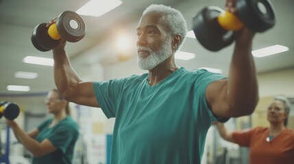 Senior Man Lifting Dumbbells in Gym with Focus and Determination