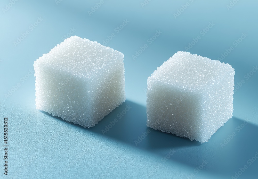 Poster close-up of two sugar cubes on a light blue surface with subtle shadows and textures highlighting th