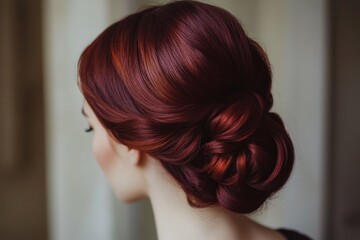 Elegant updo hairstyle on young caucasian female with red hair in soft lighting