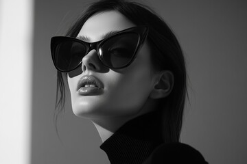 Stylish young caucasian female with cat-eye sunglasses in black and white portrait