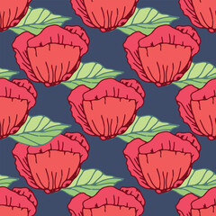 Vecor Big Scale Red Blue Floral Seamless Pattern