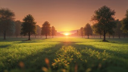 A serene sunrise over a grassy field with trees, evoking tranquility and natural beauty.