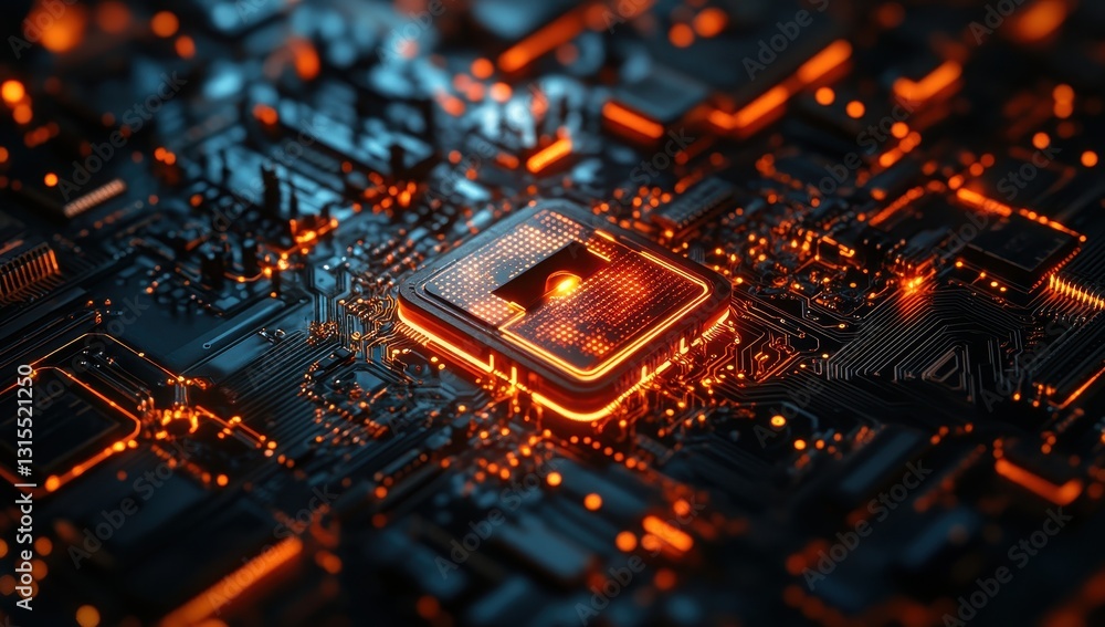 Poster close-up view of a futuristic microchip surrounded by glowing circuitry and neon lights on a dark ba