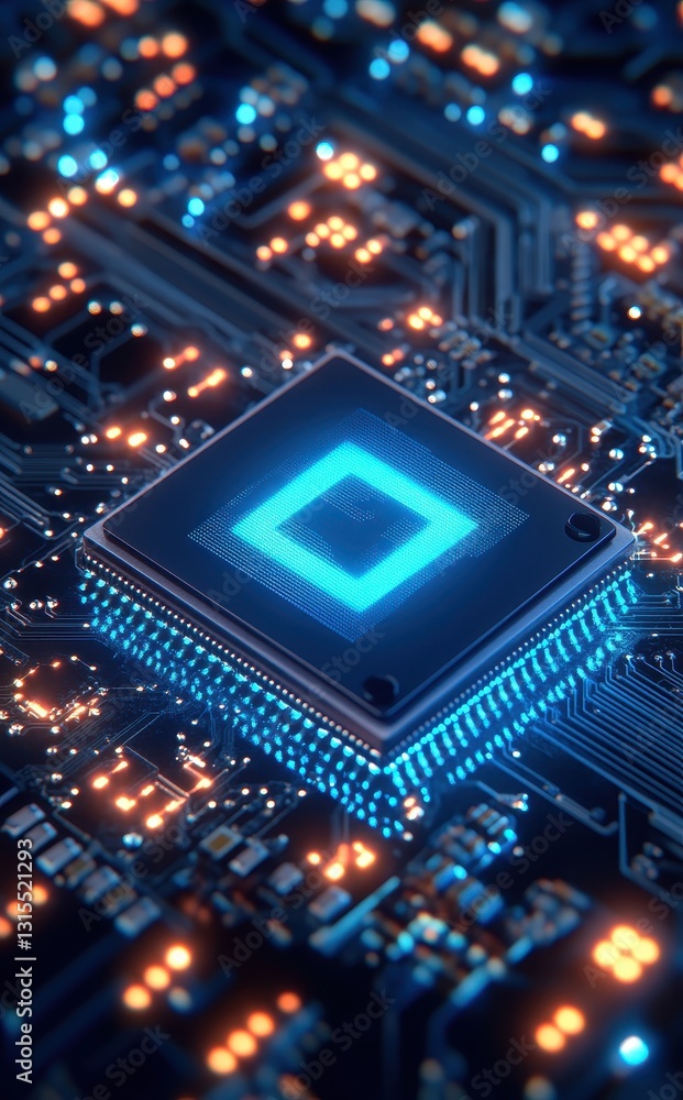 Poster close-up view of a glowing microchip on a high-tech circuit board showcasing intricate electronic co