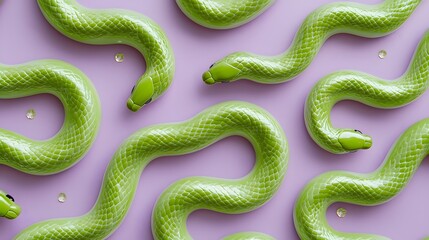 Fototapeta premium Vivid green snakes entwining gracefully on a soft lavender backdrop create a striking visual harmony