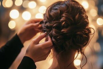 Elegant hairstyling on young caucasian female with bokeh lights background