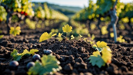 A close-up of young grapevines sprouting in fertile soil, showcasing vineyard growth.