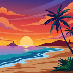 a flat illustration of a sunset on the sea
