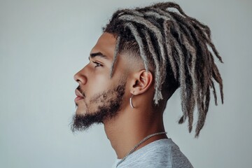 Profile of young african male with dreadlocks and beard in casual gray attire