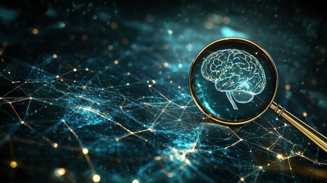 Magnifying glass reveals intricate connections of an AI brain showcasing transparency and oversight in artificial intelligence