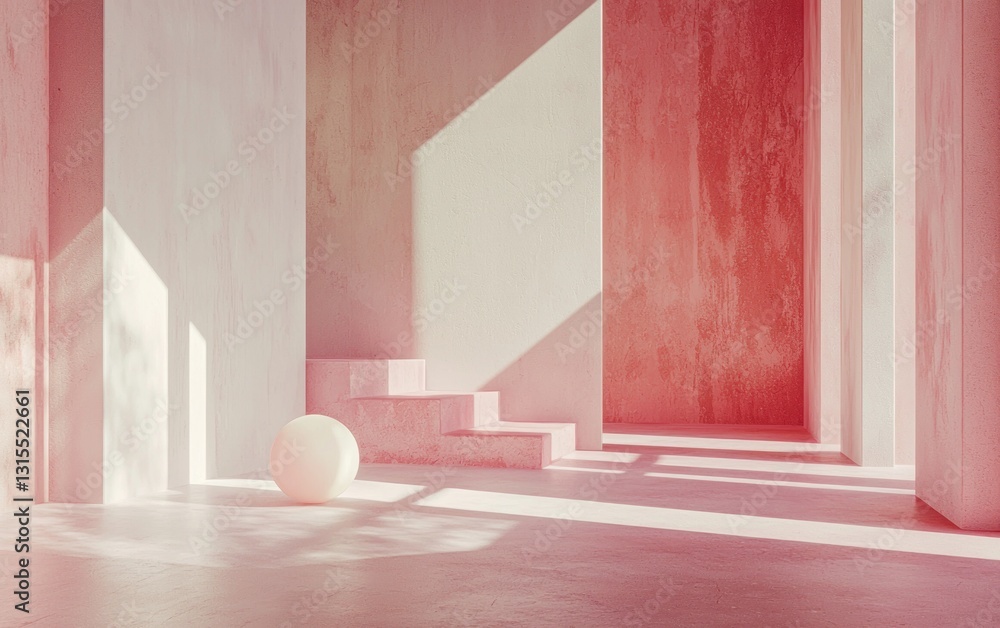 Poster abstract architectural scene with pink and white concrete structures, steps, and a sphere. sunlight 