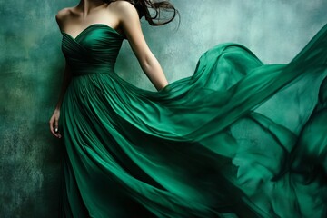 Elegant young female in flowing green dress with dynamic movement