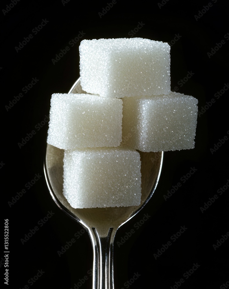 Poster close-up view of sugar cubes stacked on a spoon against a dark background capturing the details of g