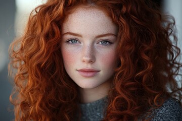 Fototapeta premium Young caucasian female with red curly hair and freckles looking confident and calm