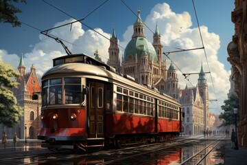 A historic tram running through an old city