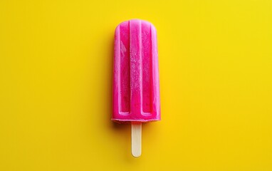 Pink popsicle on yellow background. Close-up studio shot of a single pink ice pop on a vibrant yellow surface.  The popsicle has a textured surface and wooden stick