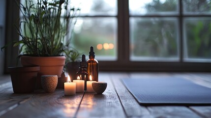 Serene evening yoga session near window, candles and plants