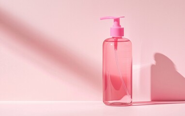 Pink liquid soap bottle with pump dispenser on pink background, illuminated by sunlight creating shadows