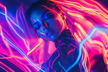 Young hispanic female in neon lights with vibrant colors and futuristic glow