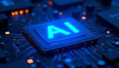 3D illustration of glowing blue "AI" text on a computer chip, dark background with circuit board texture