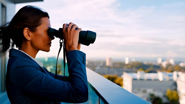 Businesswoman looks through binoculars from her balcony, observing the cityscape