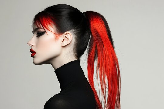 Young caucasian female with red and black hair in profile view