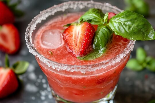 Refreshing strawberry basil mocktail with ice and sugar rim