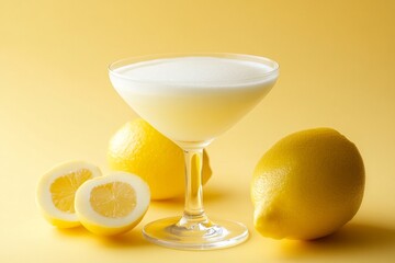Refreshing lemon cocktail with fresh lemons on yellow background