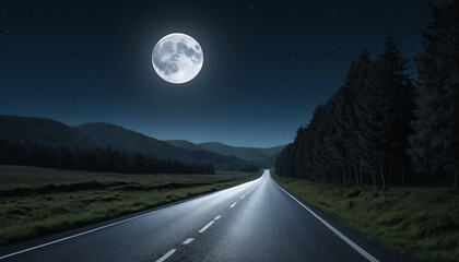 Road in Night with Half Moon and Milky Way, Capturing a Serene and Majestic Nighttime Journey Under a Starry Sky, Empty high way at night, Moonlight Road generated ai