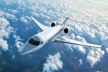 Fototapeta premium Private jet flying high with blue sky and clouds 