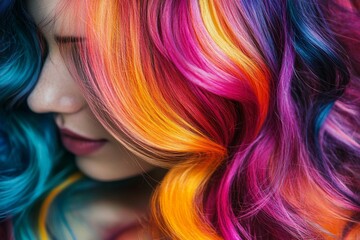 Young caucasian female with vibrant multicolored hair in close-up profile view