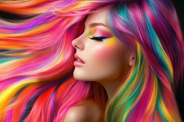 Naklejka premium Vibrant multicolored hair and makeup on young caucasian female profile