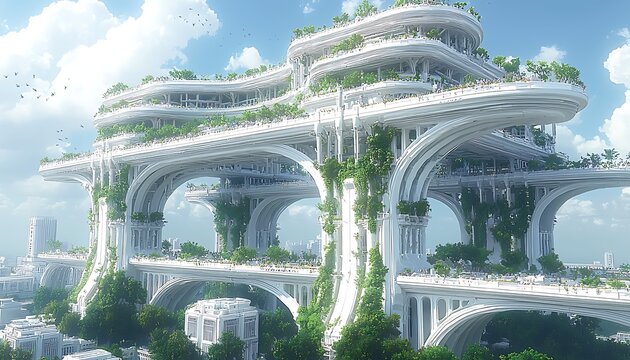 Eco-City Skybridge: Futuristic Urban Landscape. - Powered by Adobe