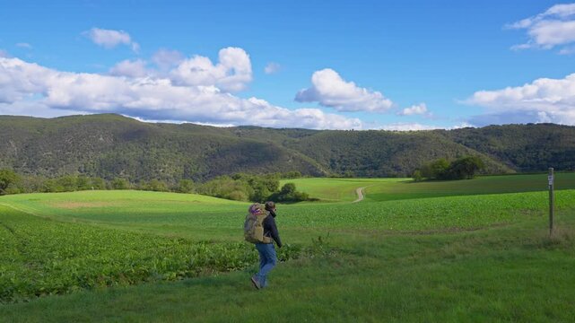 One person walking with large backpack on a green meadow while surrounded by panoramic nature views during a sunny summer day, Rhine Valley, Germany