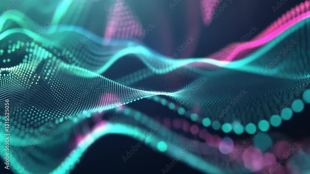Poster vibrant digital wave pattern with glowing dots and flowing lines creates dynamic and futuristic abst
