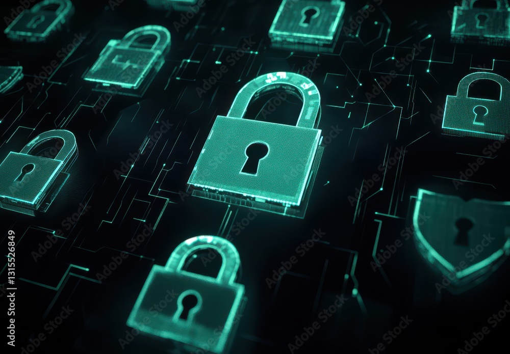 Aufkleber digital lock icons floating in a futuristic technology landscape emphasizing cybersecurity, privacy,