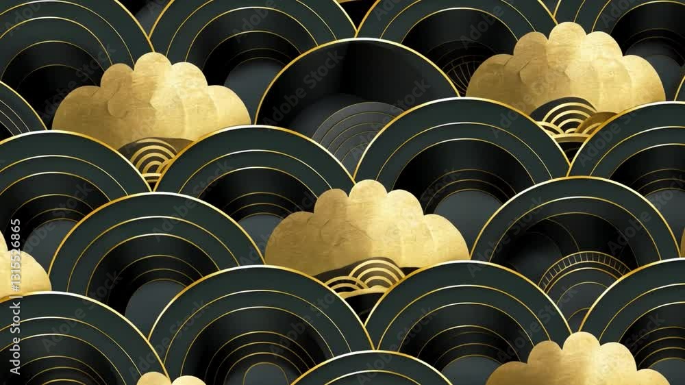 Poster elegant black and gold abstract pattern with overlapping circular shapes and cloud motifs, creating 