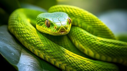 Obraz premium Green Snake on Lush Foliage: A Close-Up