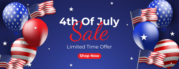4th of july sale banner design with balloons and american flag
